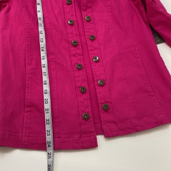 Denim Jacket Open front faux buttons pockets Collarless Fuchsa Women's XS - Picture 10 of 11